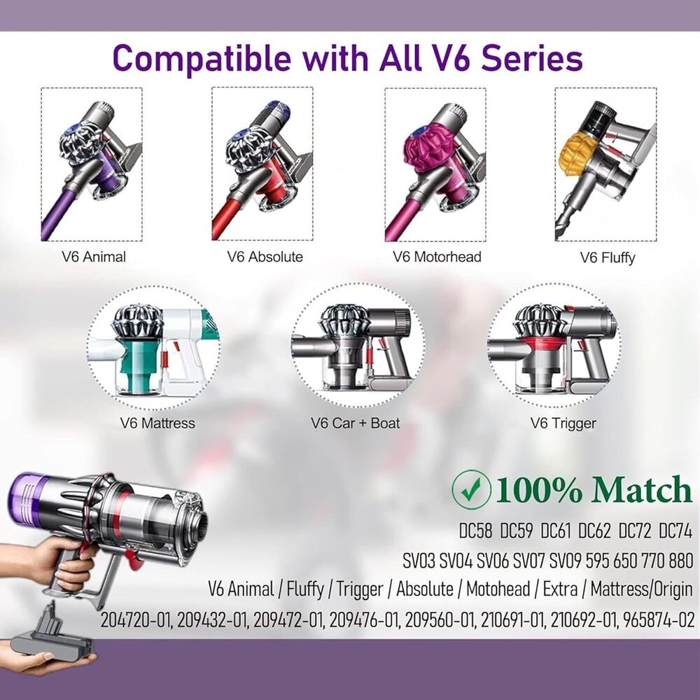 LONG FIT V6 DC62 Battery Replacement 6500mAh Compatible w Dyson V6 Animal V6 - Picture 2 of 7
